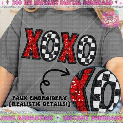 Xoxo Red and Black, checkered, Faux Embroidery, faux sequin, Valentines Day design, PNG