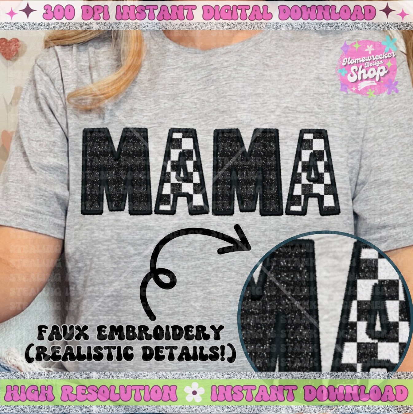 Mama Black sparkle and checkered PNG, Faux Embroidery, faux sequin