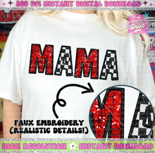 Mama Red and checkered PNG, Faux Embroidery, faux sequin