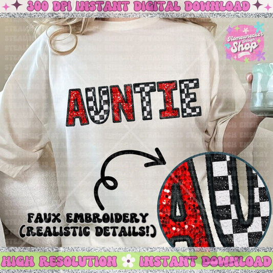 Auntie PNG, Red and checkered PNG, Faux Embroidery, faux sequin