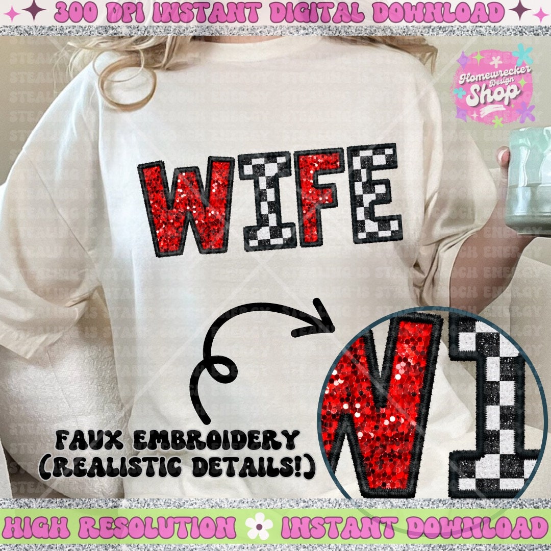 Wife PNG, Red and checkered PNG, Faux Embroidery, faux sequin