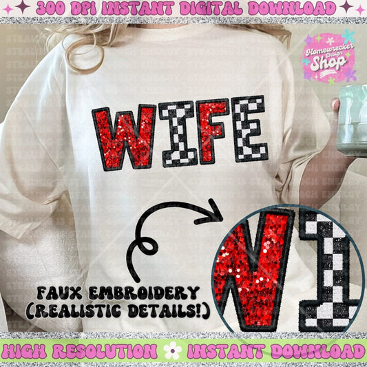 Wife PNG, Red and checkered PNG, Faux Embroidery, faux sequin