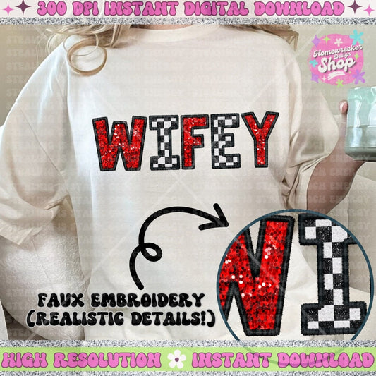 Wifey PNG, Red and checkered PNG, Faux Embroidery, faux sequin