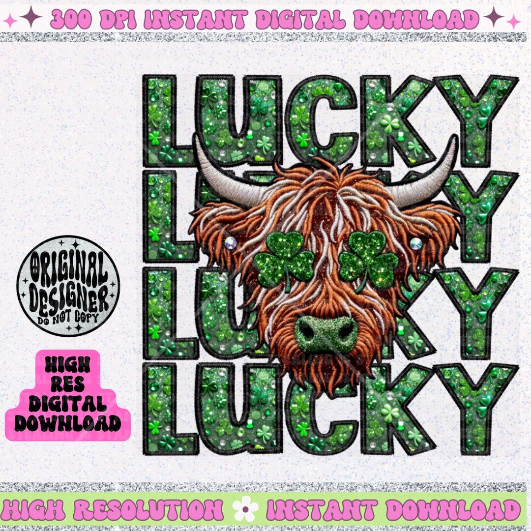 Lucky stacked highland cow faux embroidery faux glitter PNG digital download