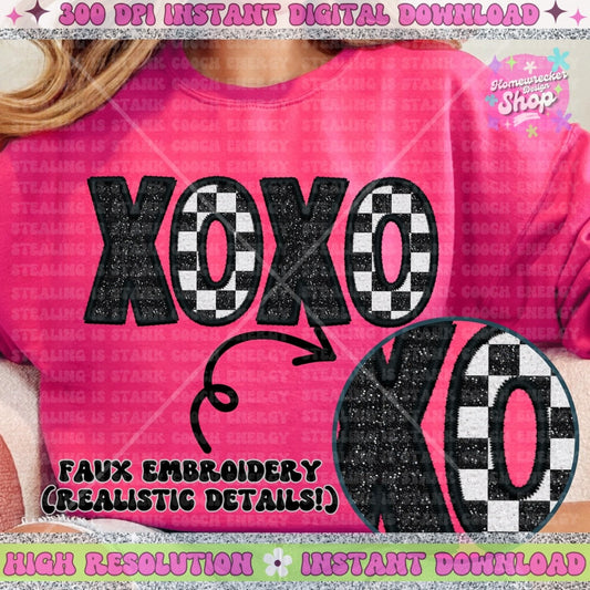 Xoxo Black sparkle and checkered PNG, Faux Embroidery, faux sequin, Valentines Day design, PNG