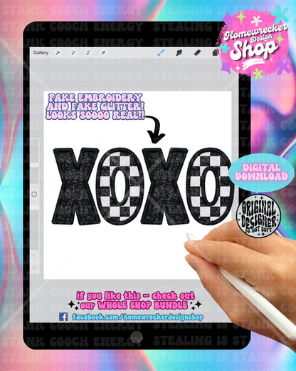 Xoxo Black sparkle and checkered PNG, Faux Embroidery, faux sequin, Valentines Day design, PNG