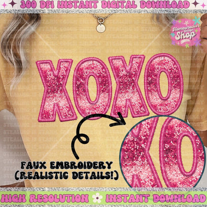 Xoxo Pink Faux Embroidery, faux sequin, Valentines Day design, PNG