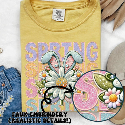 Spring Stacked Flowers Bunny Ears faux embroidery faux glitter PNG digital download