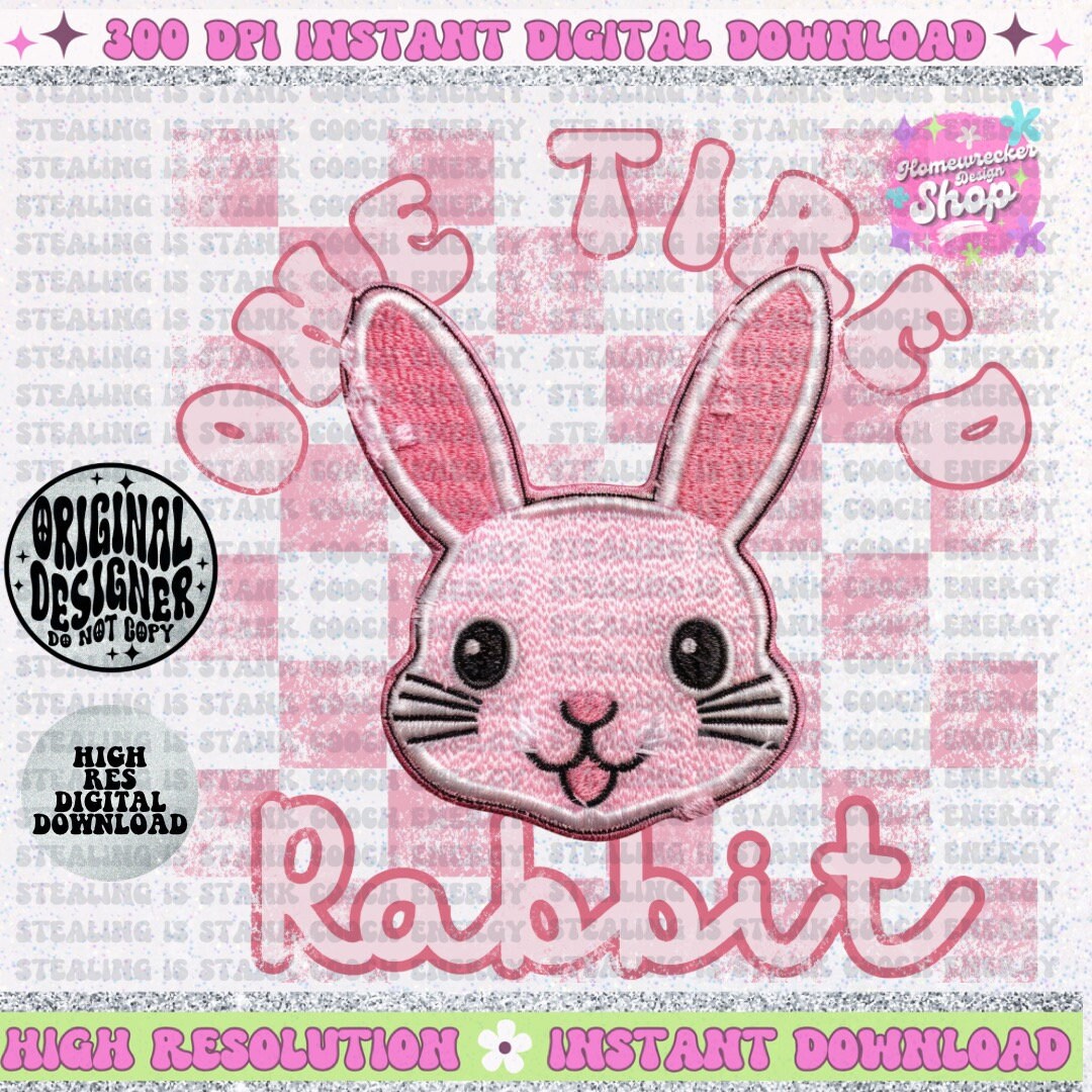 One Tired Rabbit faux embroidery Easter Bunny PNG digital download