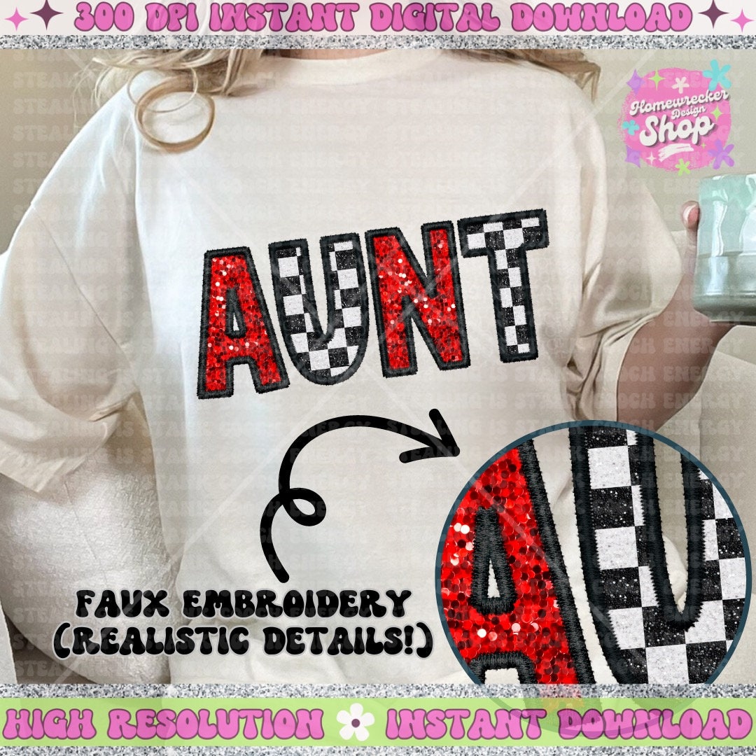 Aunt PNG, Red and checkered PNG, Faux Embroidery, faux sequin