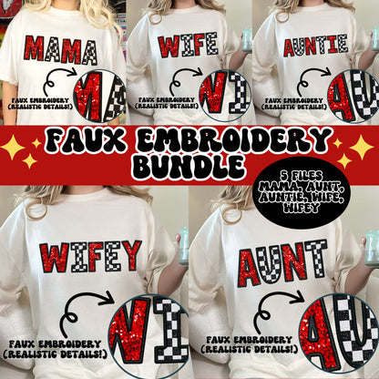 Faux Embroidery and Sequin PNG Design BUNDLE: Mama, Wife, Wifey, Aunt, Auntie