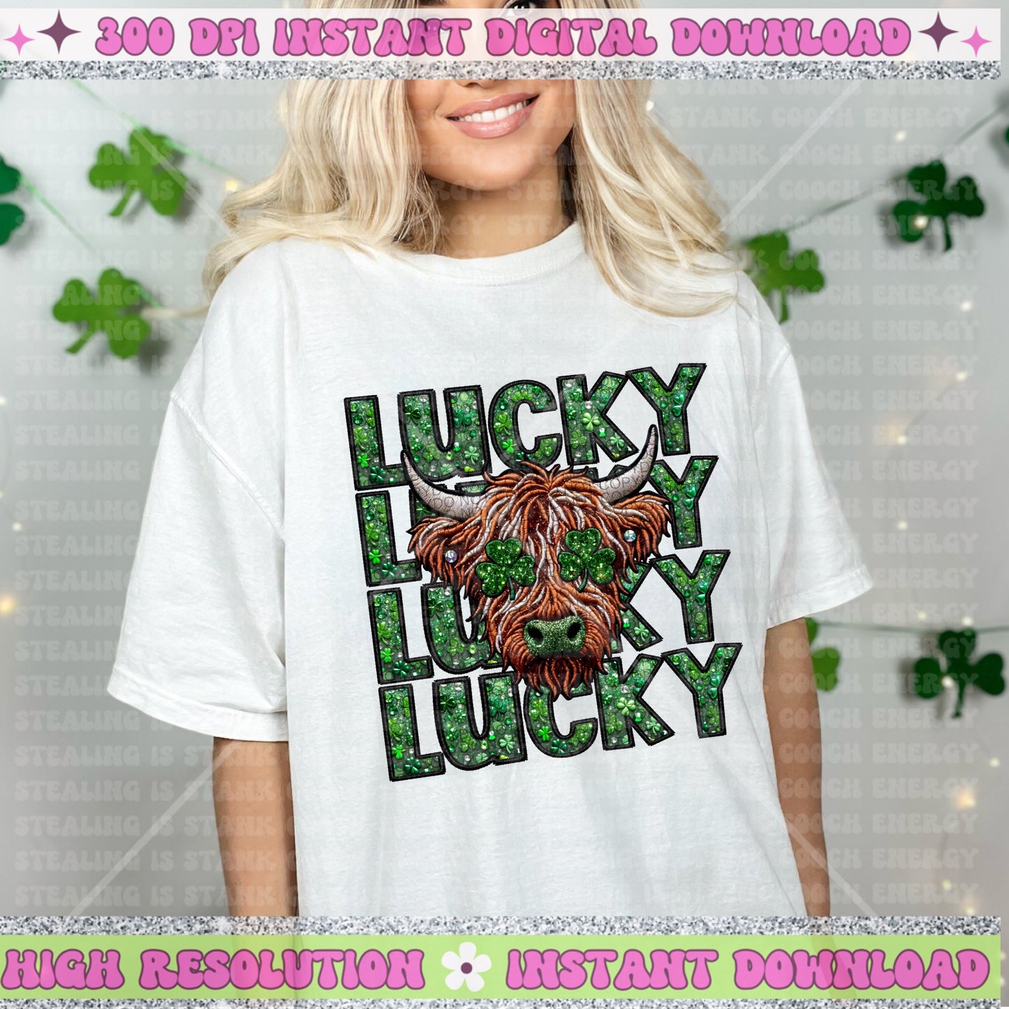 Lucky stacked highland cow faux embroidery faux glitter PNG digital download