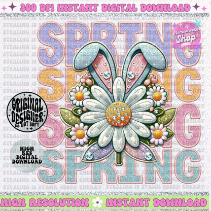 Spring Stacked Flowers Bunny Ears faux embroidery faux glitter PNG digital download