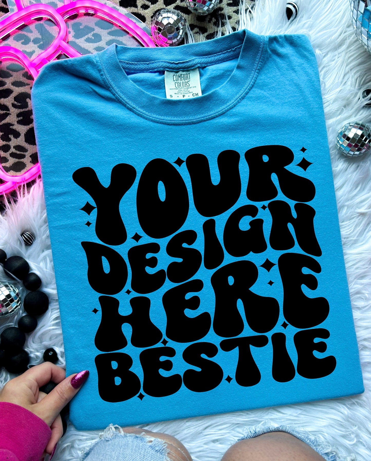 Comfort Colors Mockup, CC1717 Sapphire, flat lay, checkered print, disco balls, digital download