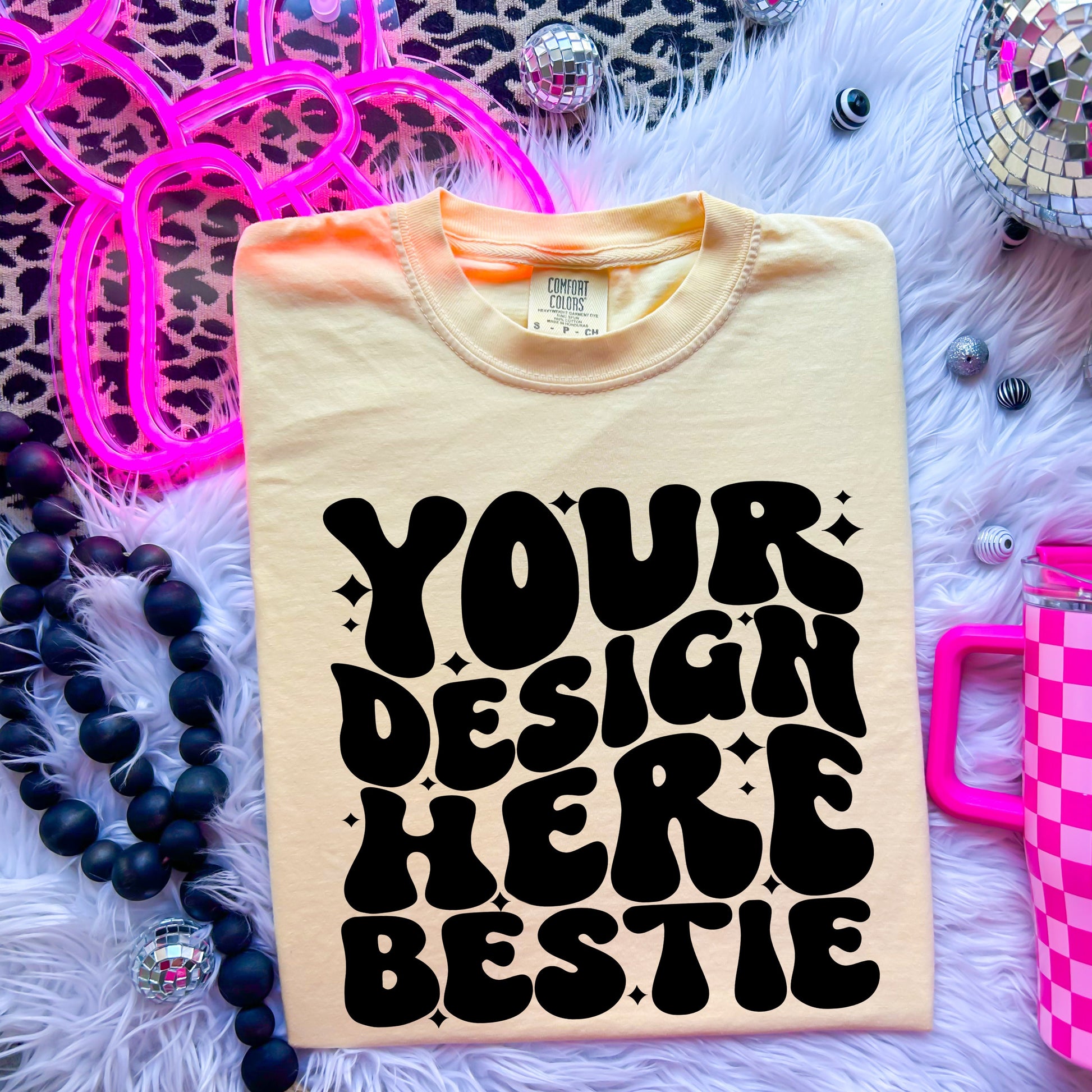 Comfort Colors Mockup, CC1717, flat lay mock up photograph, retro checkered print, disco balls, digital download