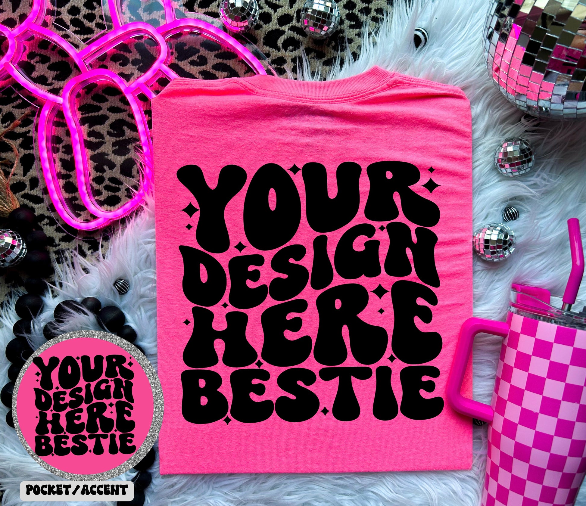 Gildan 5000, safety pink, Retro vibes mock up, checkered print disco balls, flat lay blank mock up photo, digital download