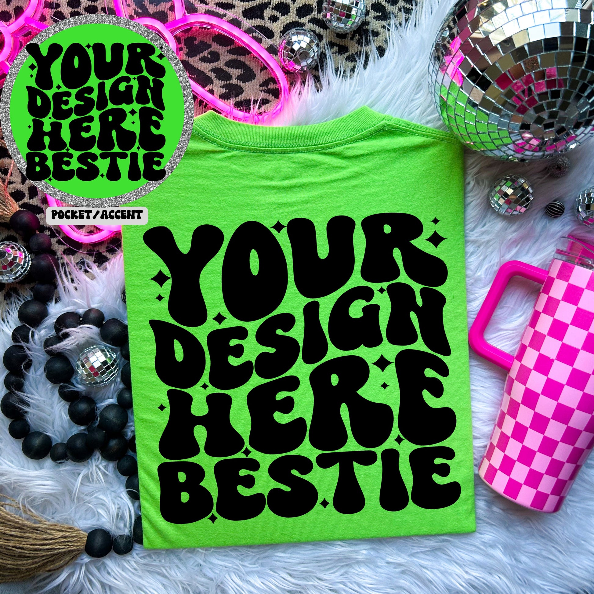 Gildan 5000, Lime, Retro vibes mock up, checkered print disco balls, flat lay blank mock up photo, digital download