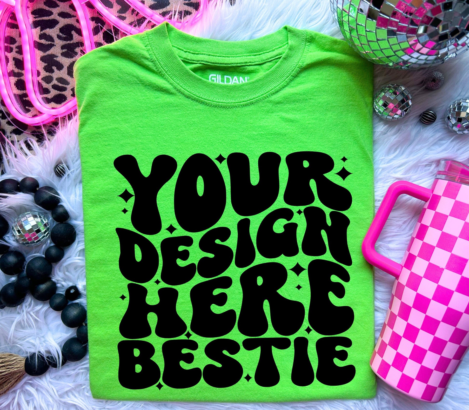 Gildan 5000, Lime, Retro vibes mock up, checkered print disco balls, flat lay blank mock up photo, digital download