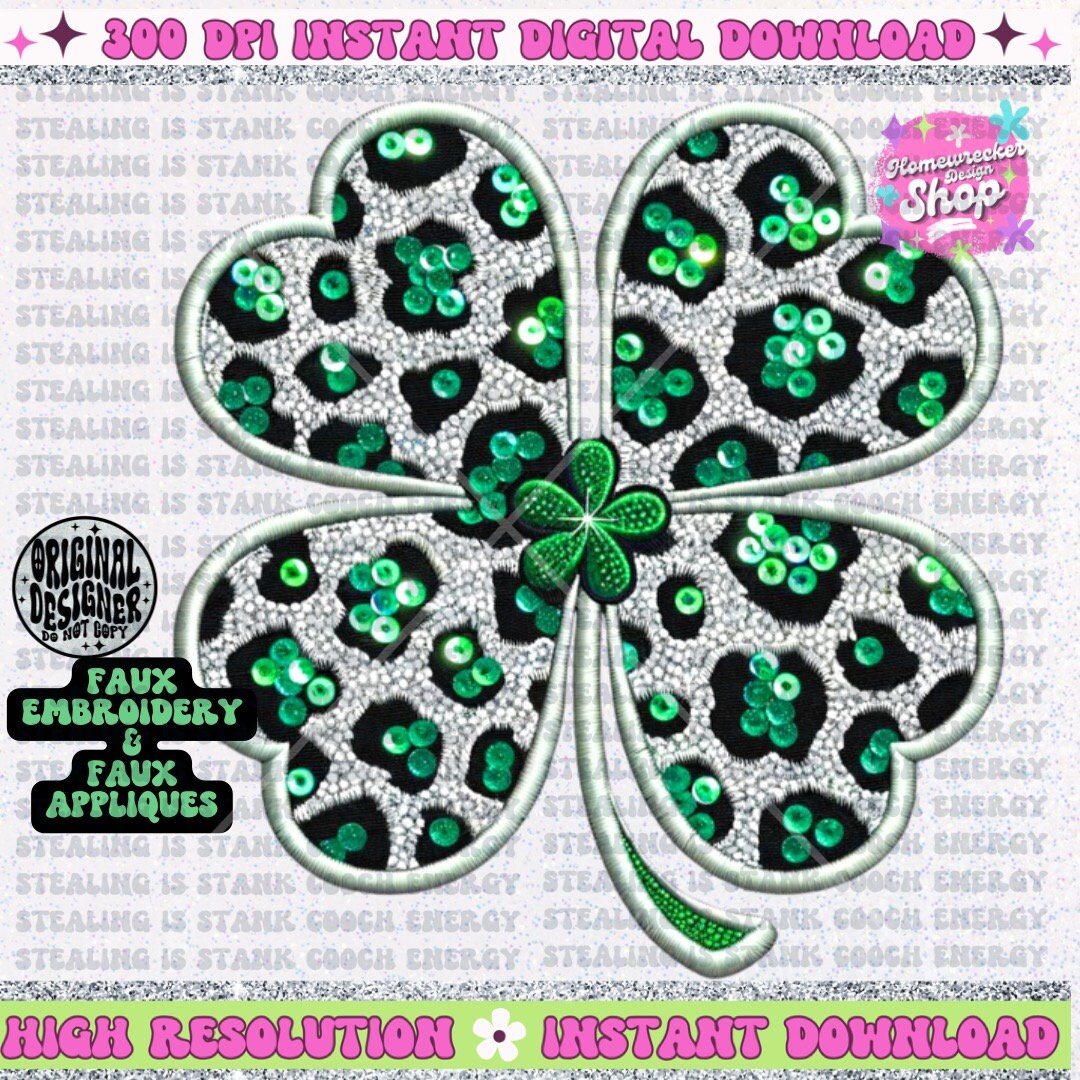 Leopard Print Faux Embroidery Shamrock PNG