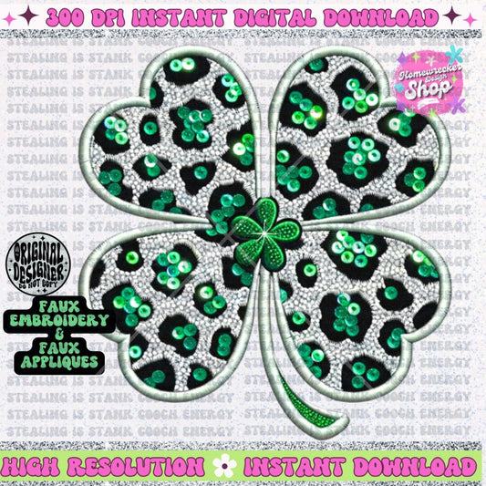 Leopard Print Faux Embroidery Shamrock PNG