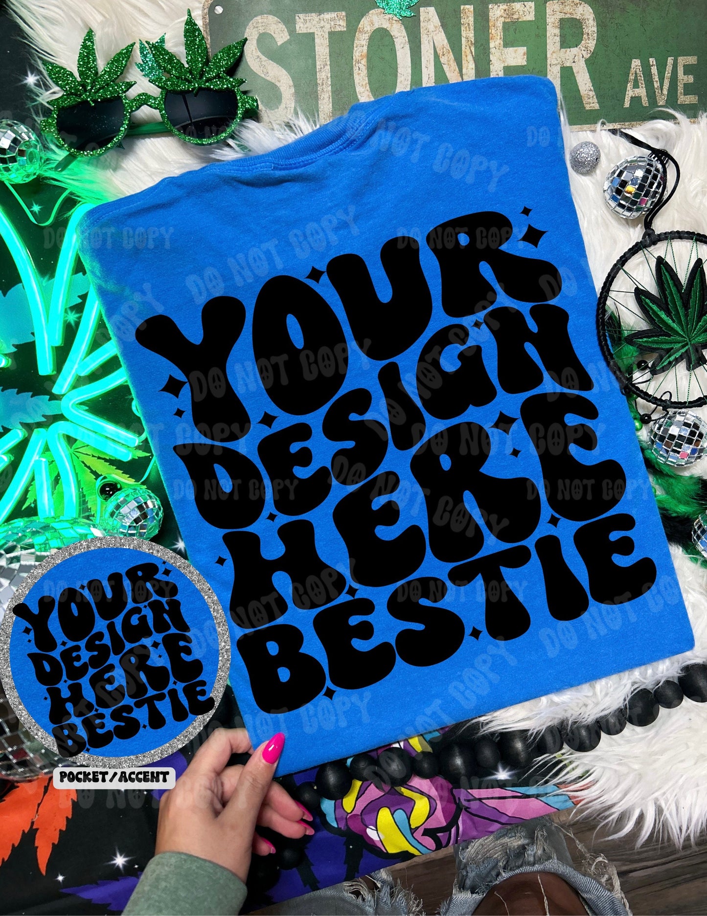 Comfort Colors Tshirt Mockup, CC1717 Royal Caribbean, 420 themed, back of shirt with front accent, digital mock up