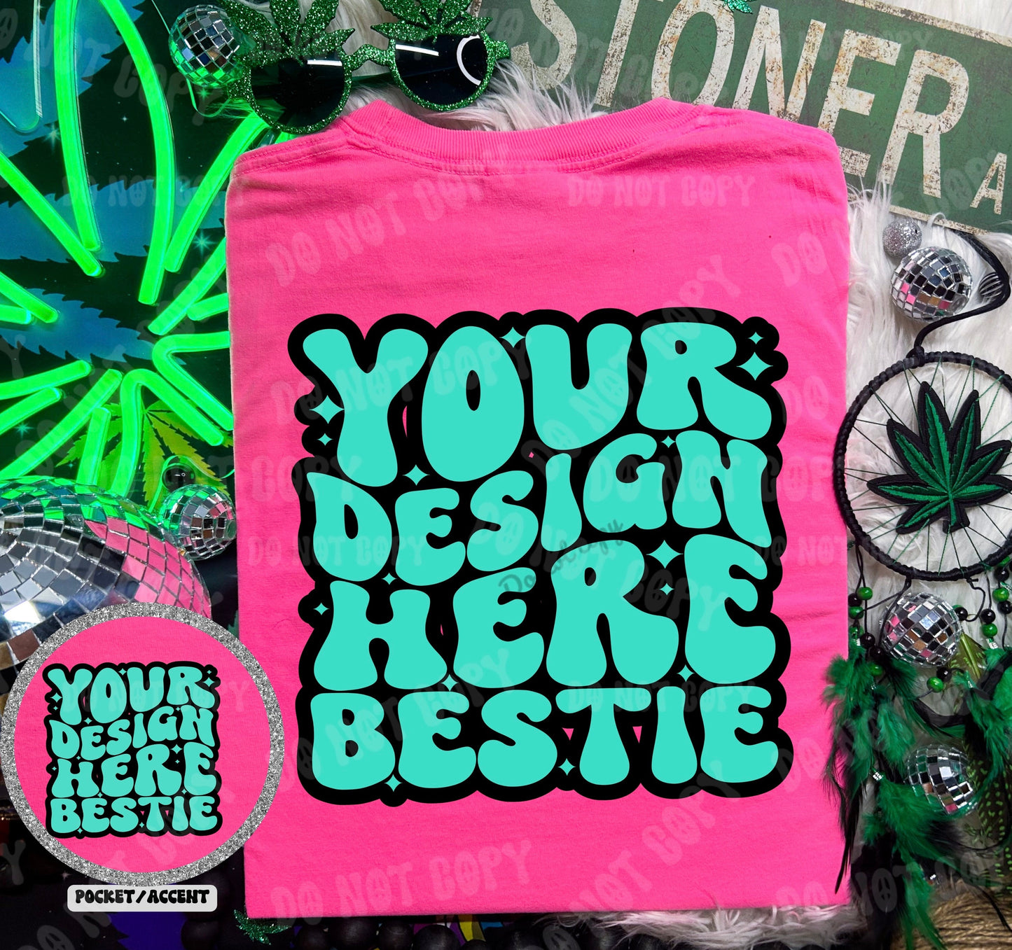 Comfort Colors Tshirt Mockup, CC1717 Neon Pink, 420 themed, back of shirt with front accent, digital mock up