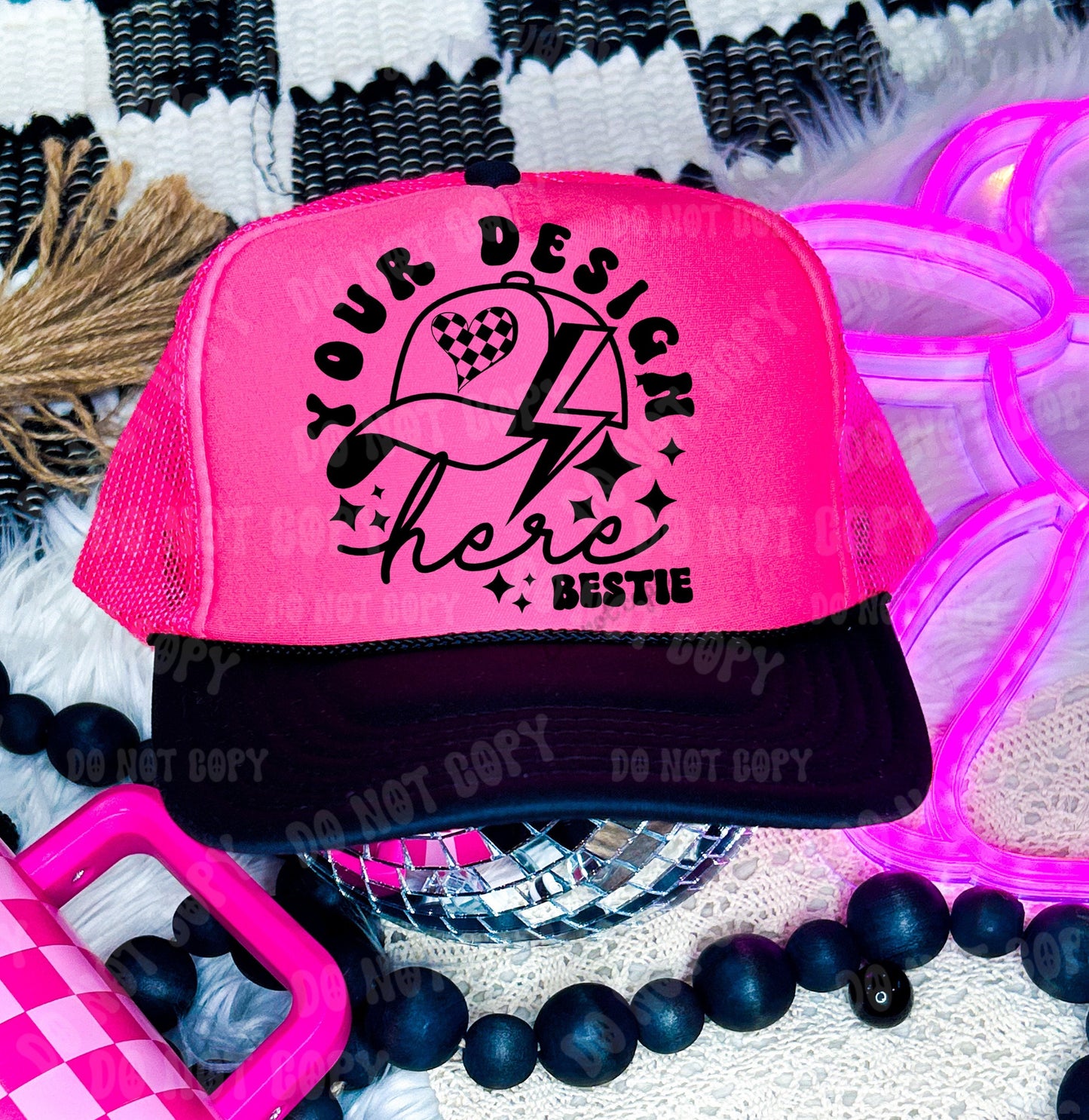 Otto Trucker Hat Mockup: Neon Pink and black, blank hat mock up photo, digital download