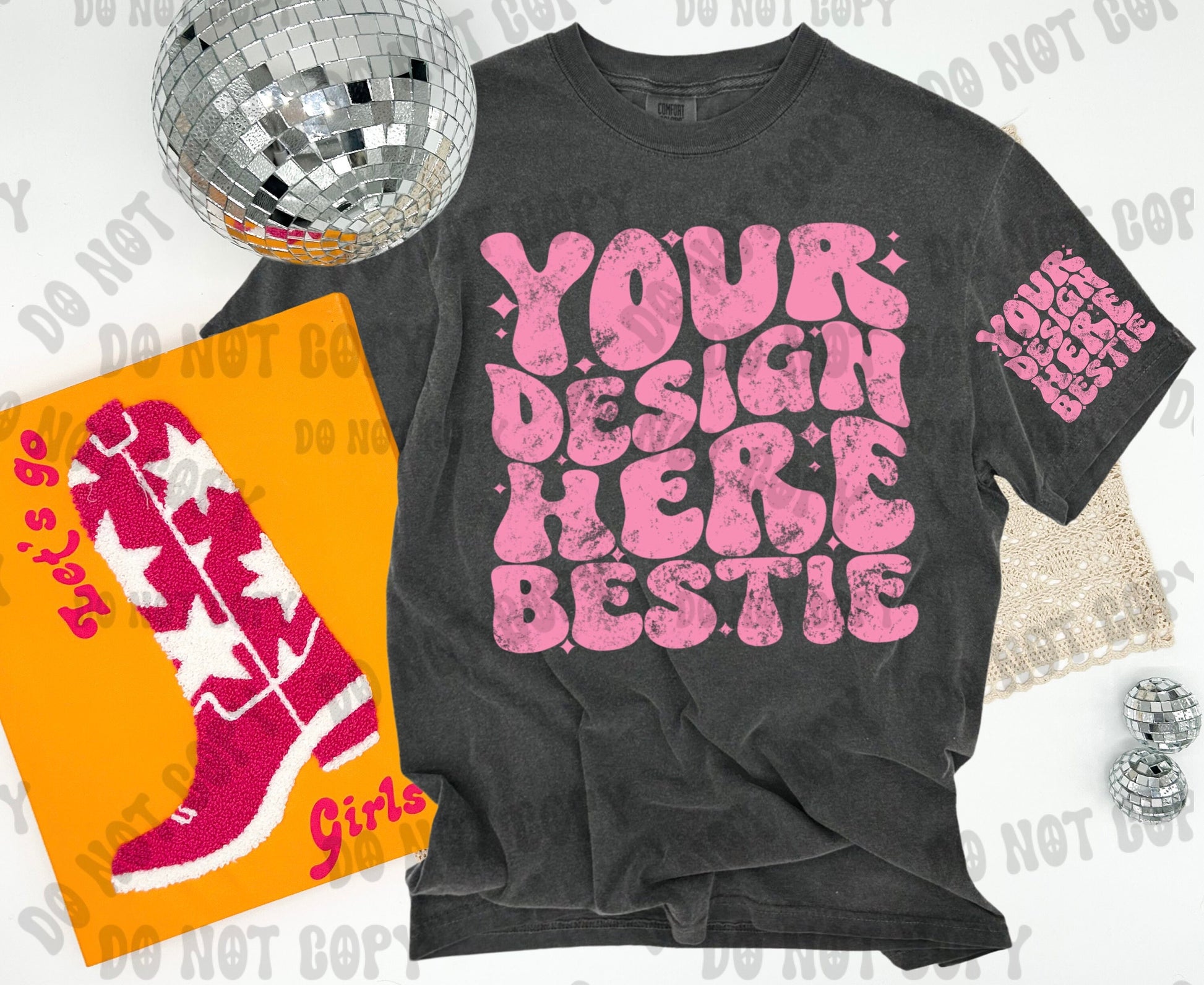 Comfort Colors Tshirt Mockup, CC1717 Pepper, western disco, front of shirt with sleeve mock up