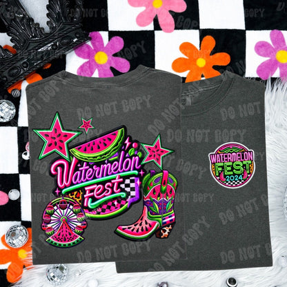 Watermelon Fest 2024, Neon, summer festival, stacked FAUX embroidery patch design , digital download, PNG