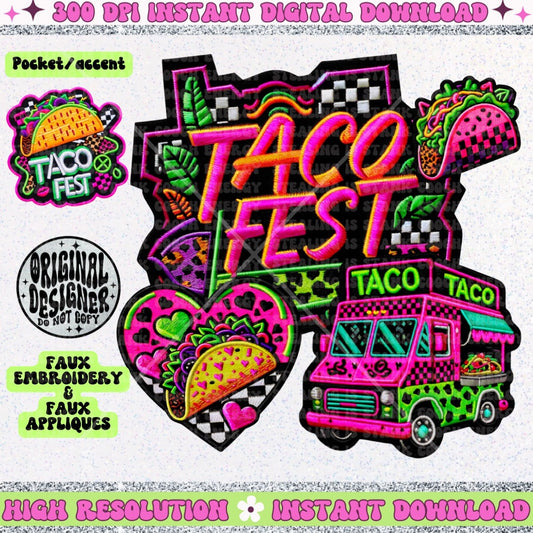 Taco Fest, Neon, summer festival, stacked FAUX embroidery patch design, digital download only, PNG