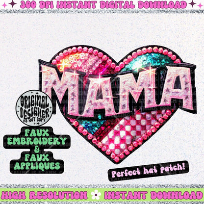 Mama heart FAUX embroidery hat patch, digital download, for dtf printing, PNG