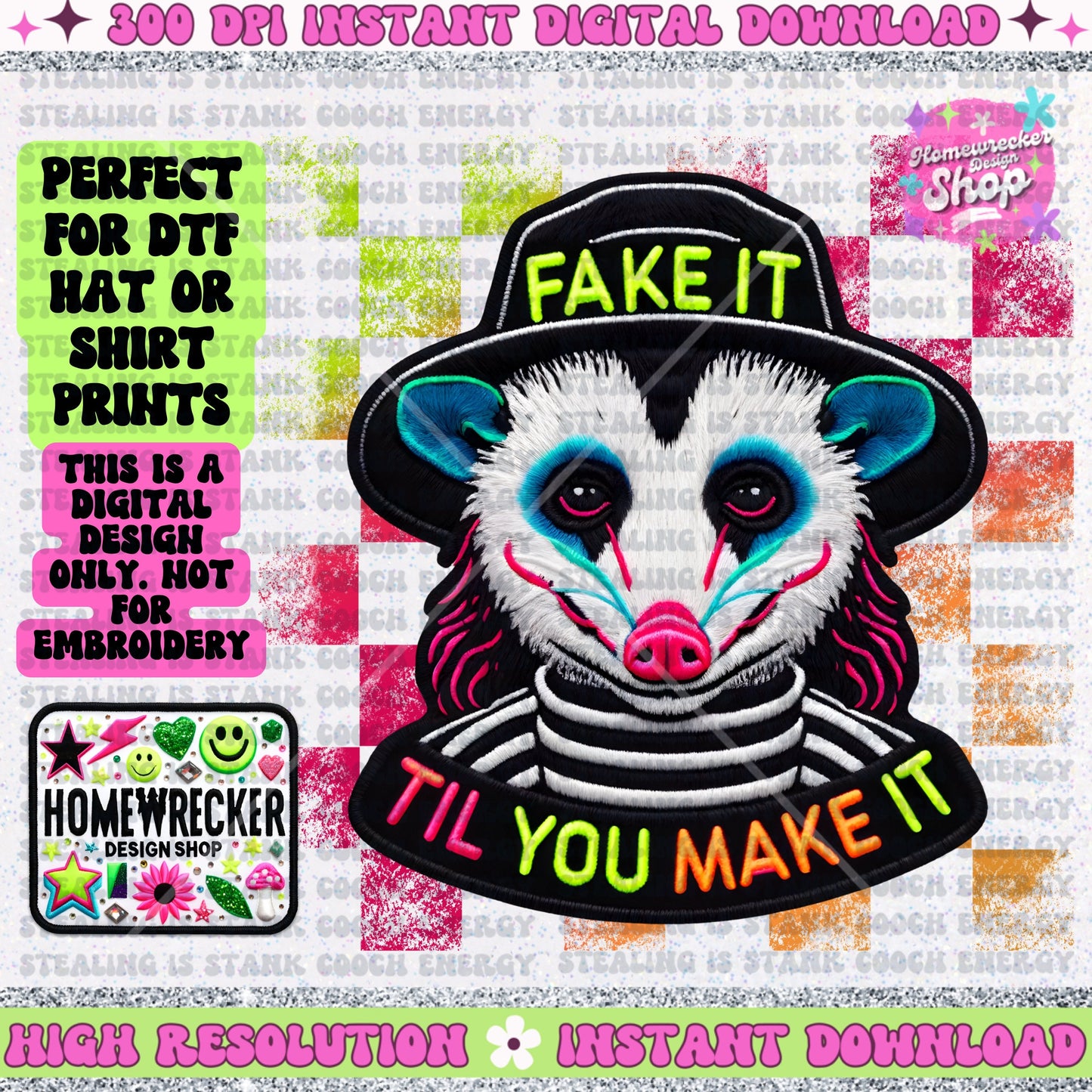 Fake it til you make it Opossum FAUX embroidery patch, digital download, PNG