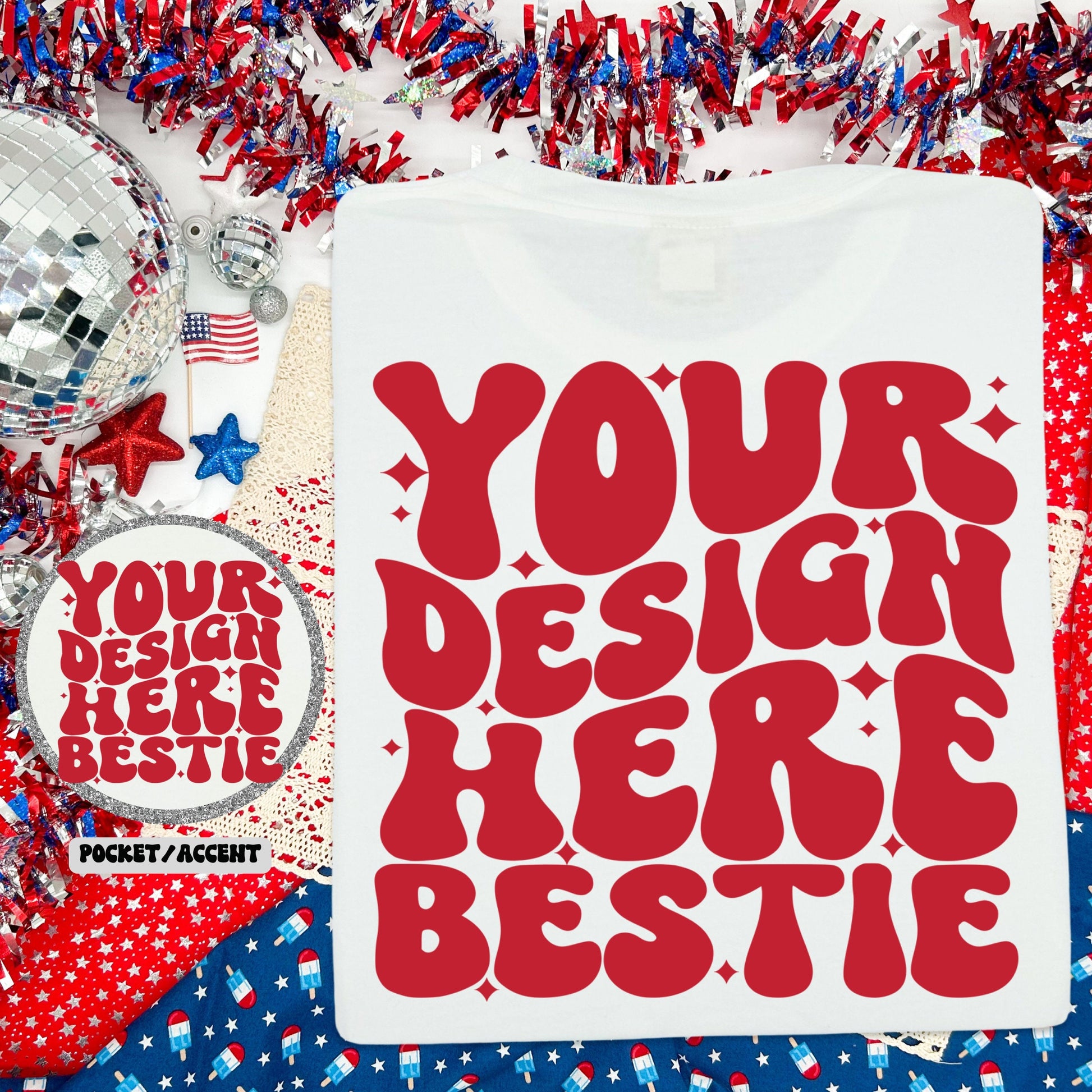 Comfort Colors Tshirt Mockup, CC1717 White, patriotic 4th of July, back of shirt with front accent, red white and blue, digital mock up