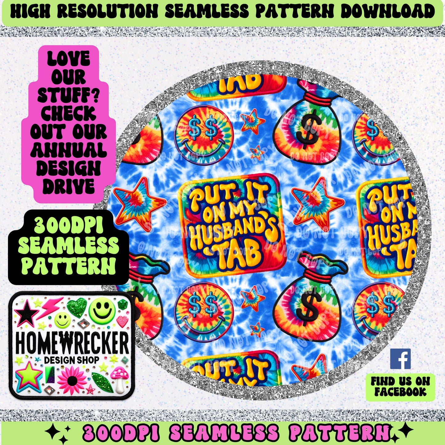 Put it on my husbands tab, tie dye, happy faces, stars, money bags, Seamless file, Seamless design for printing, 300 dpi PNG Download