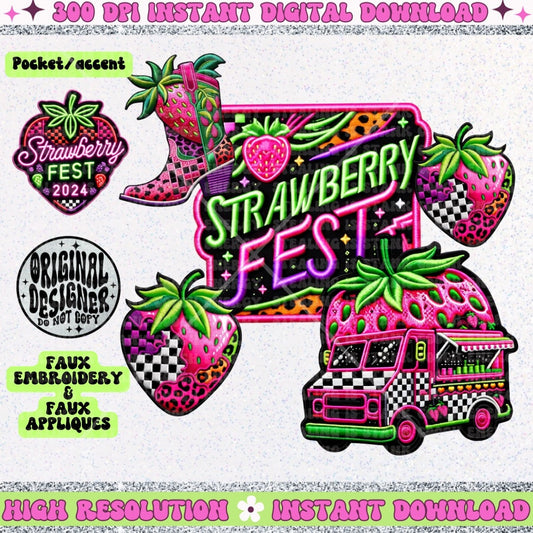 Strawberry Fest 2024, Neon, summer festival, stacked FAUX embroidery patch design, digital download only, PNG