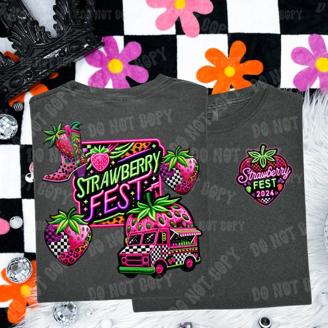 Strawberry Fest 2024, Neon, summer festival, stacked FAUX embroidery patch design, digital download only, PNG