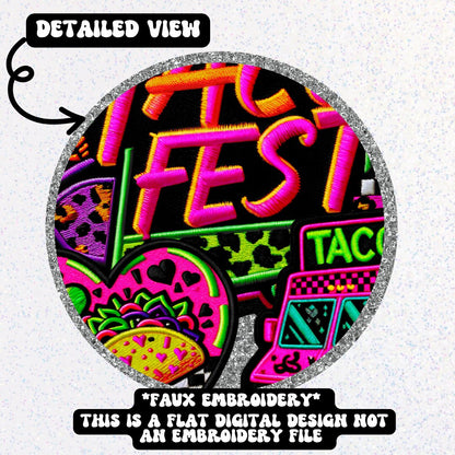 Taco Fest, Neon, summer festival, stacked FAUX embroidery patch design, digital download only, PNG