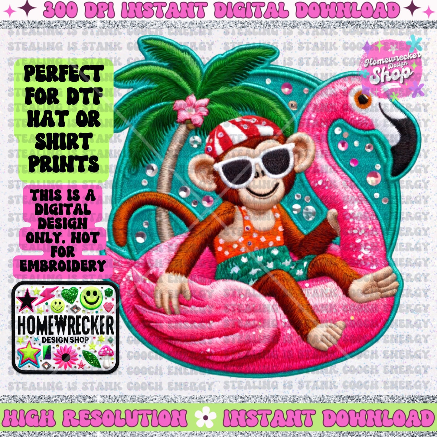 monkey summer vibes FAUX embroidery hat patch, digital download, for dtf printing, PNG