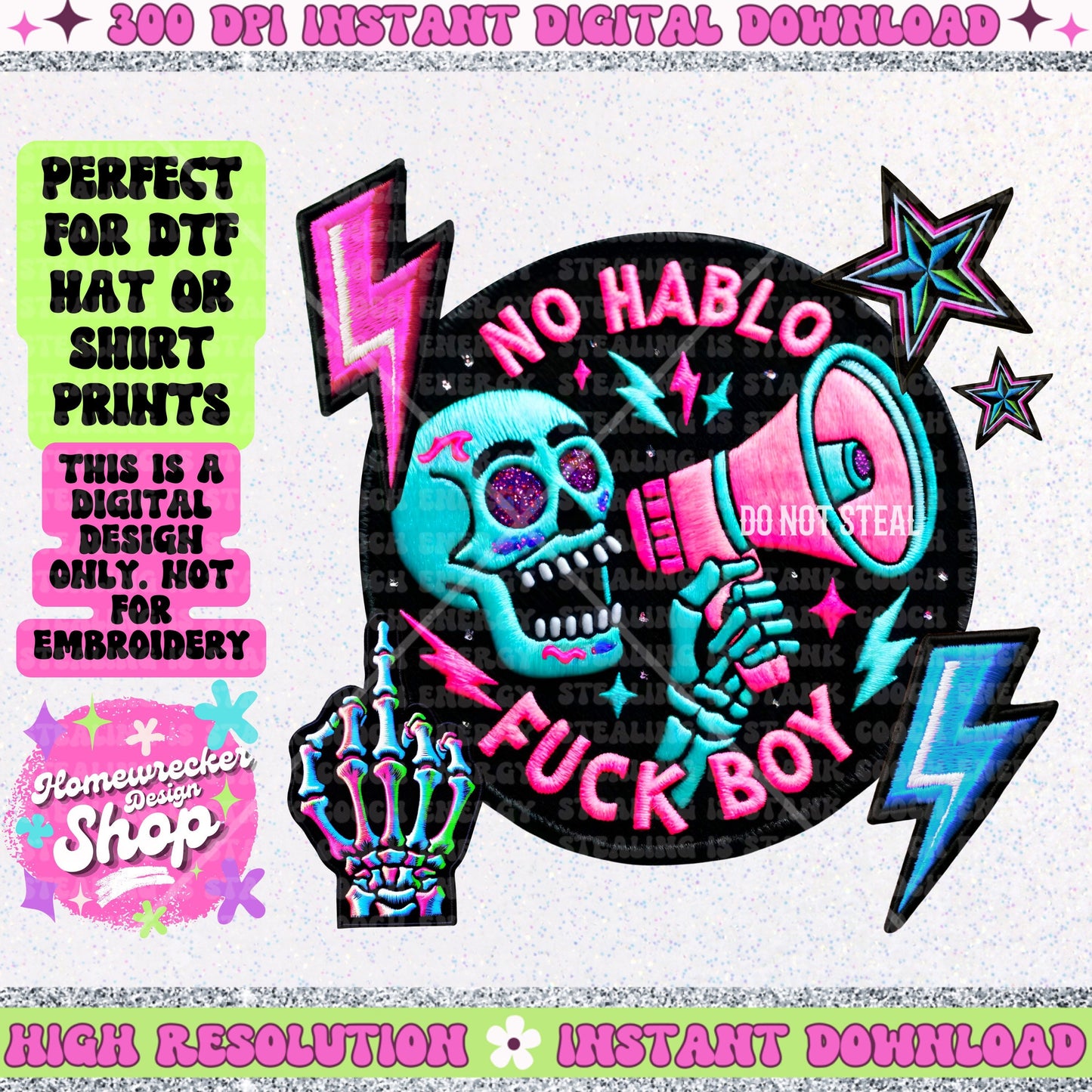 no hablo fuck boy, Neon, stacked FAUX embroidery patch, digital download, PNG