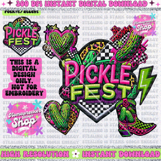 Pickle Fest, Neon, summer festival, stacked FAUX embroidery patch design, digital download only, PNG