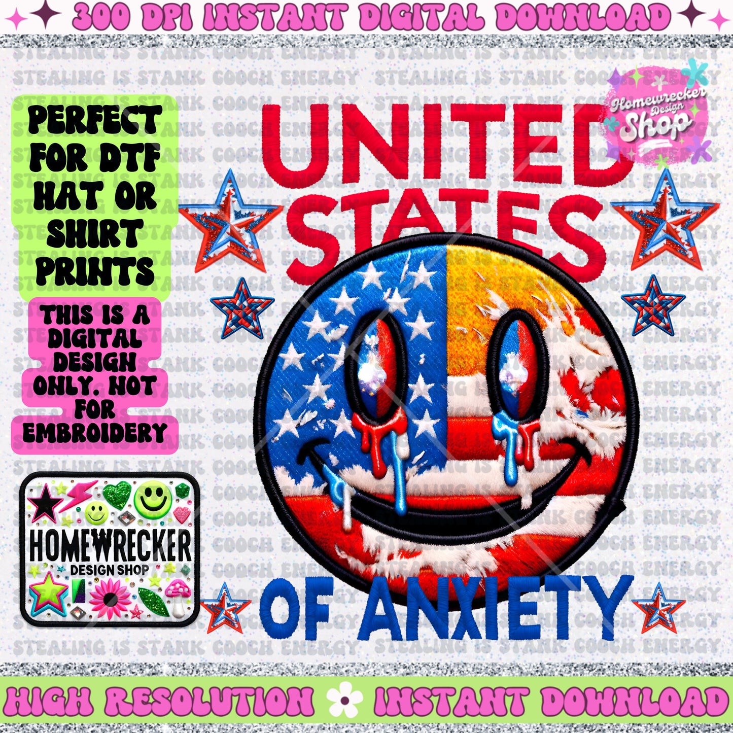 United States of Anxiety, FAUX embroidery patch, hat patch, shirt design, digital download, PNG