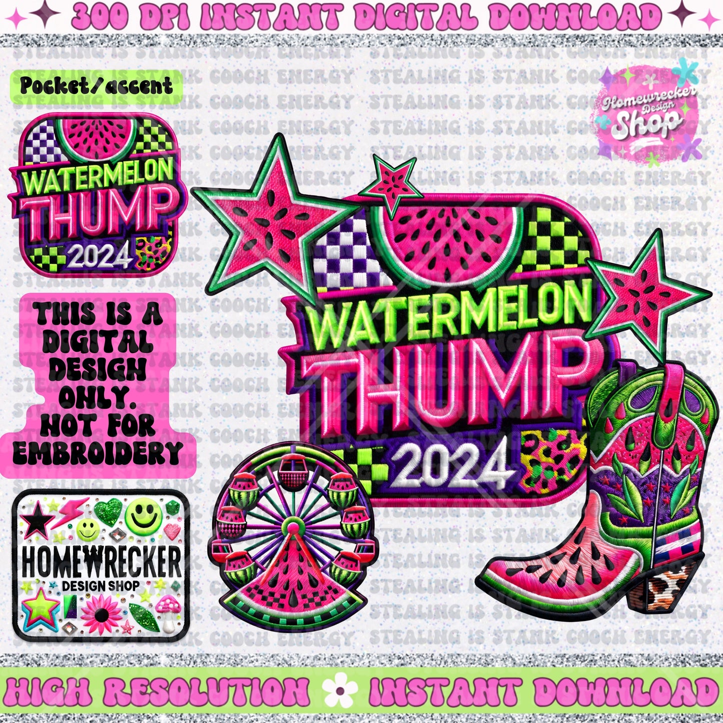 Watermelon Thump 2024, Neon, summer festival, stacked FAUX embroidery patch design , digital download, PNG