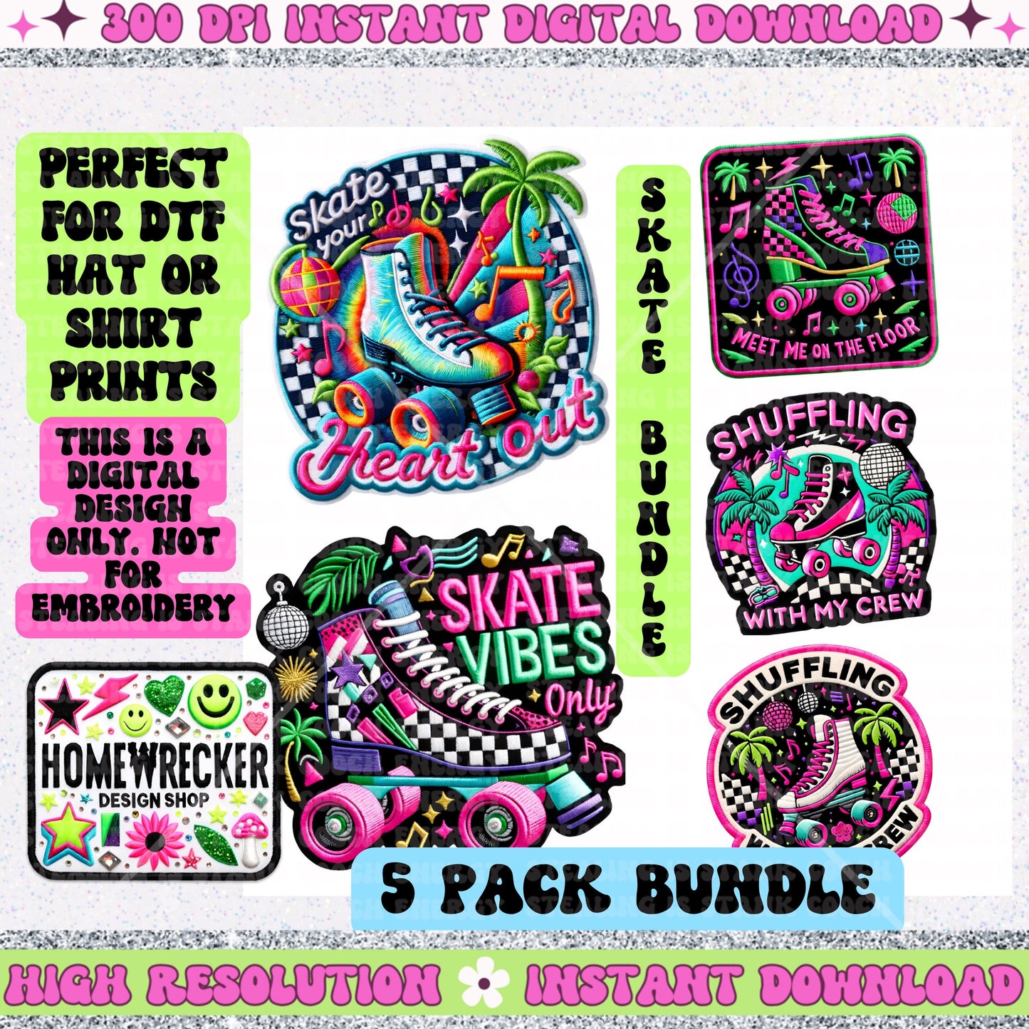 Roller skate Neon Patch BUNDLE, 5 designs, Neon style, FAUX embroidery patch, digital download, PNG