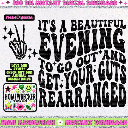 It’s a beautiful evening to go out and get your guts rearranged PNG, Digital Download, Trendy Wavy Letters, funny PNG, Retro Wavy quote