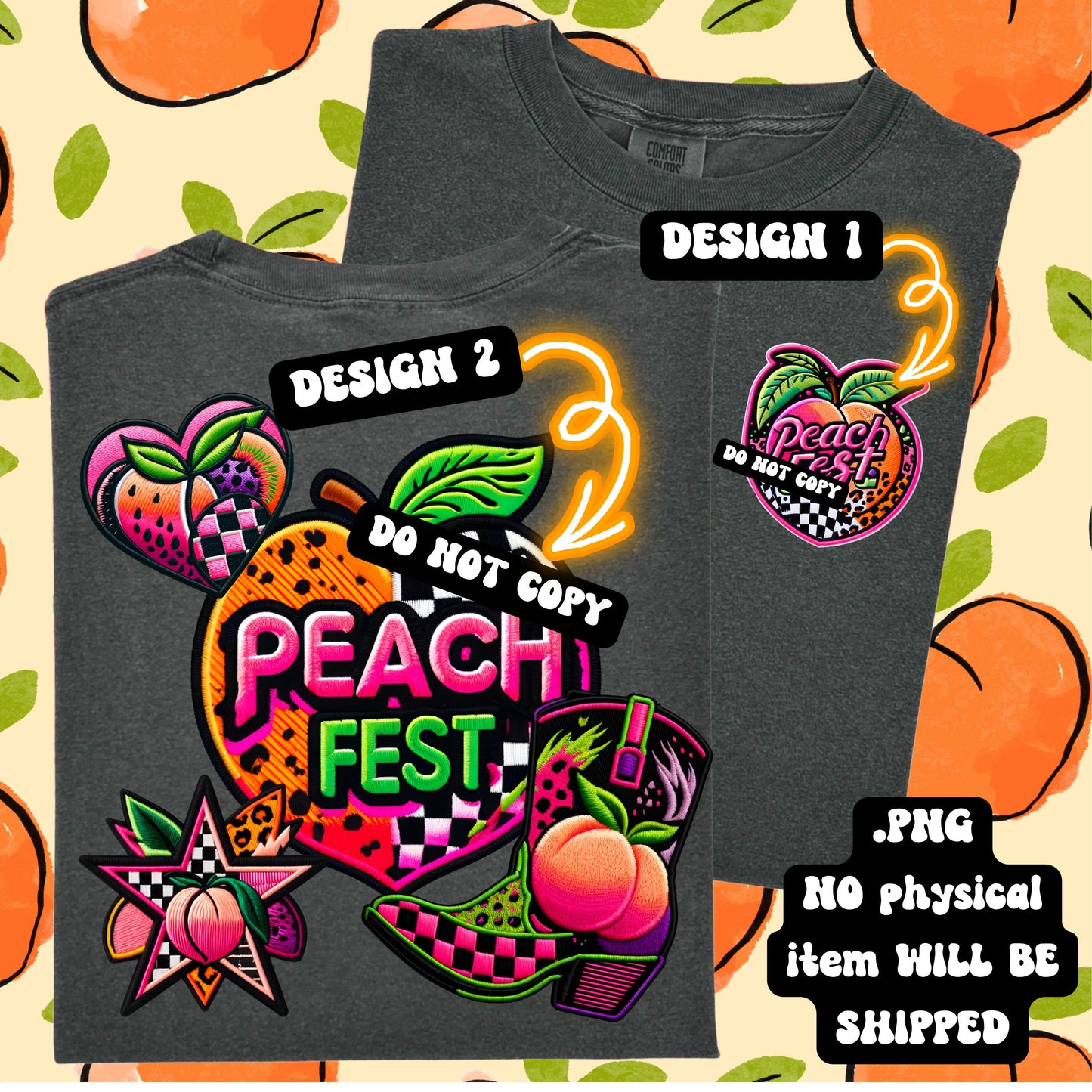 Peach Festival 2024, Neon, summer festival, stacked FAUX embroidery patch design , digital download, PNG