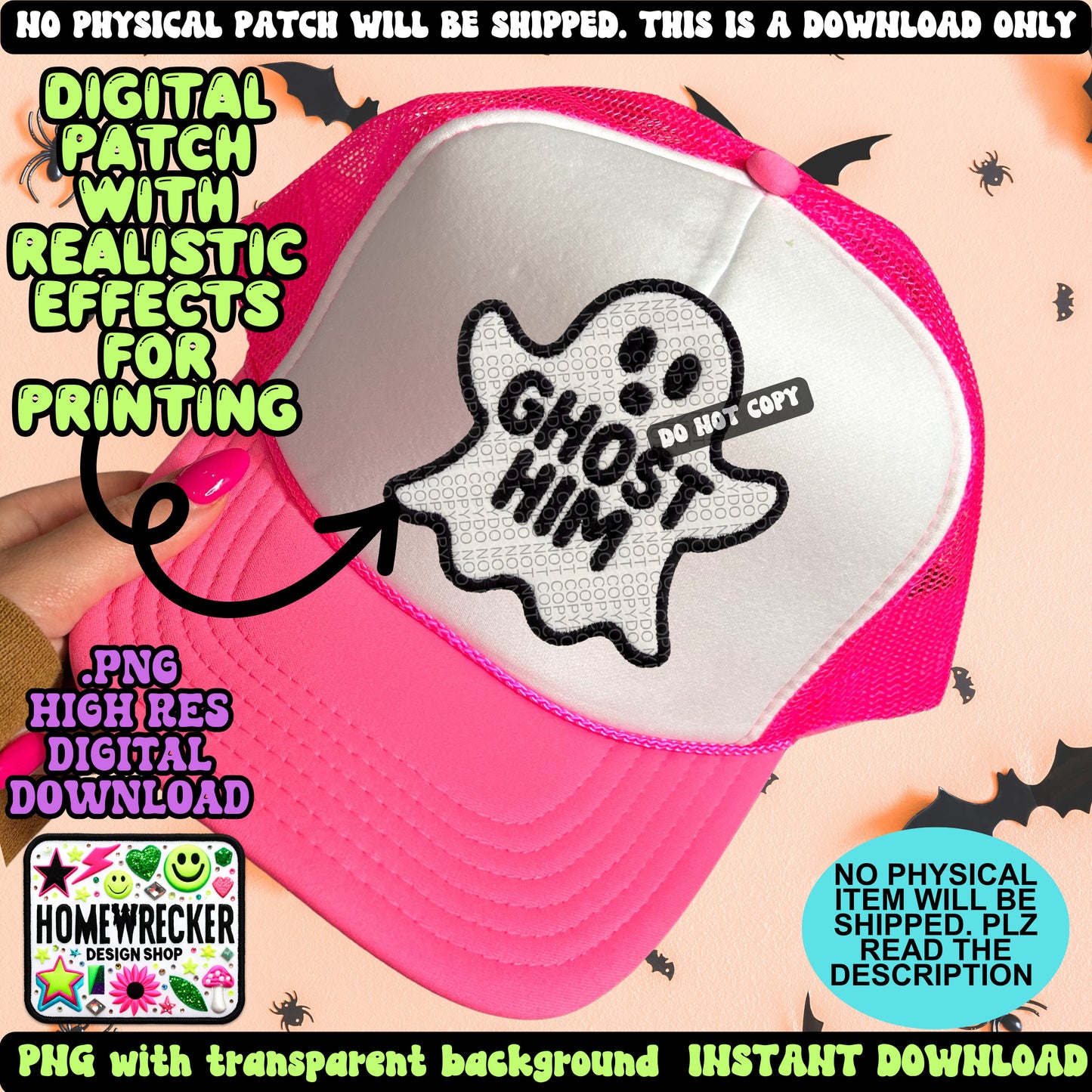 Ghost him, spooky season, ghost faux embroidery digital patch PNG digital download