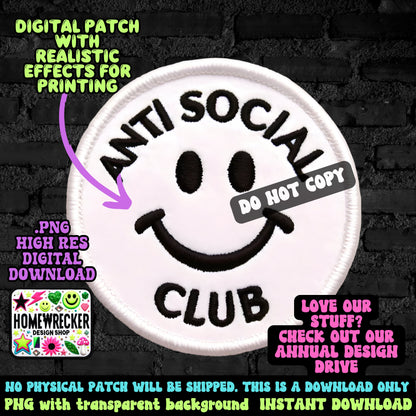 Anti social club digital printable patch, FAUX embroidery digital patch, digital download, PNG