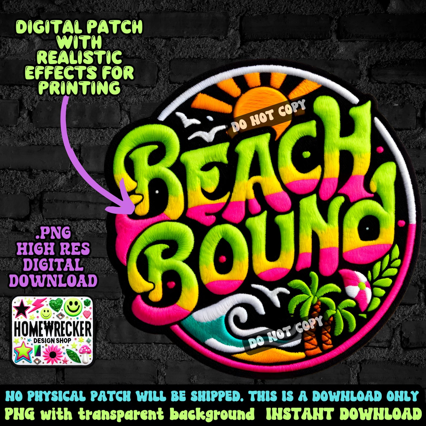 Beach Bound digital patch, faux embroidery, Summer, neon,  PNG digital download