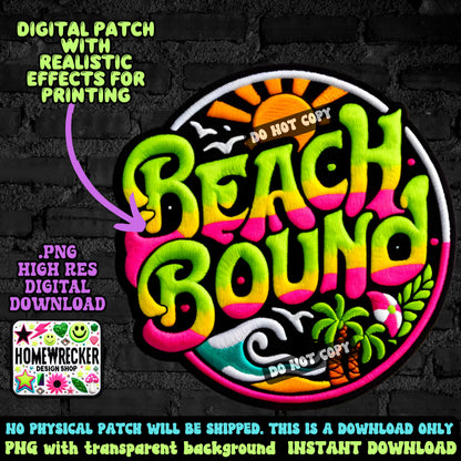 Beach Bound digital patch, faux embroidery, Summer, neon,  PNG digital download