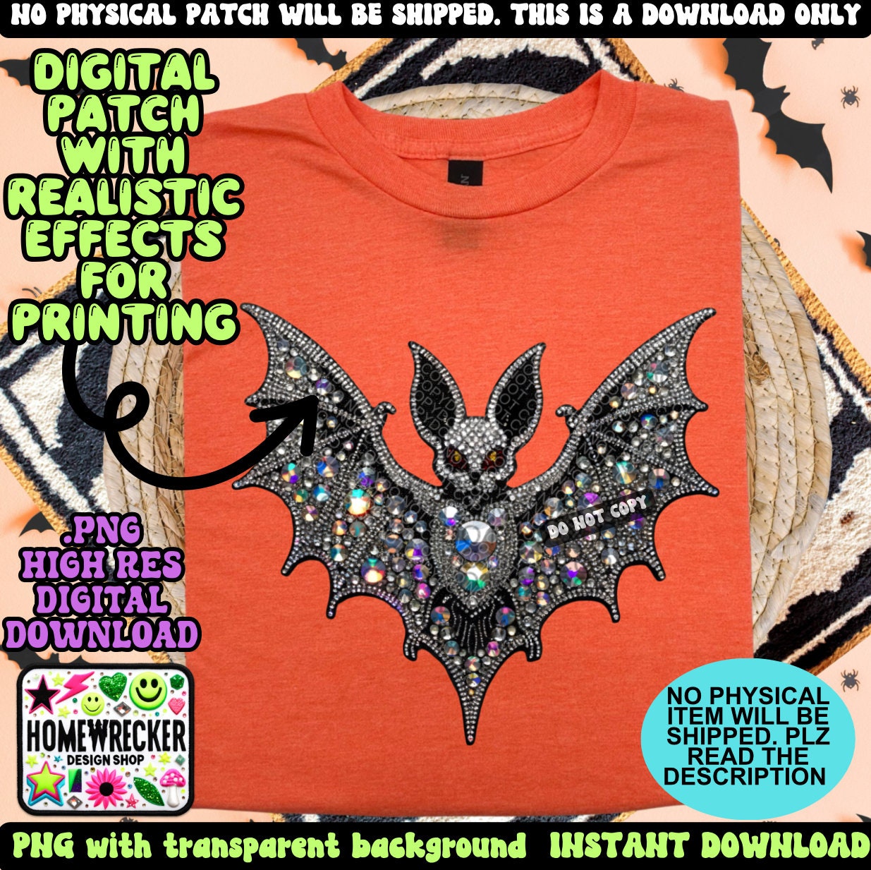 Spooky Bat digital rhinestone patch, faux embroidery, digital patch for printing, Halloween, spooky season, PNG digital download